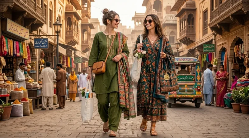 مشرقی لباس میں ملبوس خواتین ایک روایتی پاکستانی بازار میں پائیدار فیشن کے فروغ کے لیے خریداری کر رہی ہیں۔