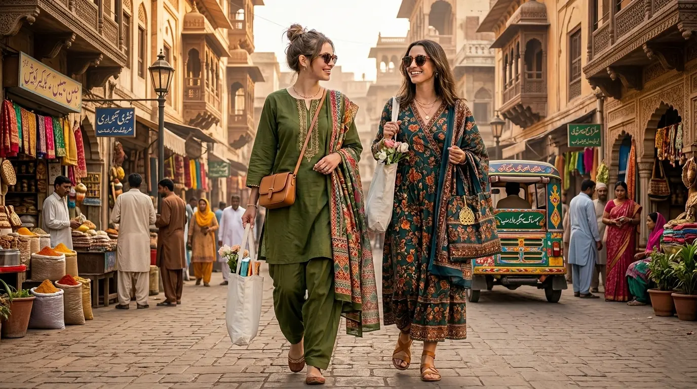 مشرقی لباس میں ملبوس خواتین ایک روایتی پاکستانی بازار میں پائیدار فیشن کے فروغ کے لیے خریداری کر رہی ہیں۔