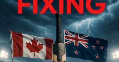 آئی سی سی لوگو اور کرکٹ گراؤنڈ کی تصویر جس پر میچ فکسنگ تحقیقات کا متن درج ہے۔