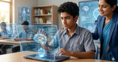 A futuristic classroom where a teacher uses a digital AI interface to teach students on tablets.