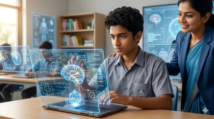 A futuristic classroom where a teacher uses a digital AI interface to teach students on tablets.