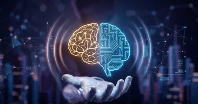 A futuristic representation of a digital brain and human neural network for proactive artificial intelligence.