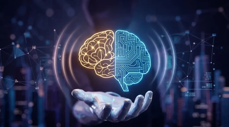 A futuristic representation of a digital brain and human neural network for proactive artificial intelligence.