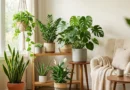 A beautiful collection of indoor plants including Snake Plant, Aloe Vera, and Monstera in a bright living room.