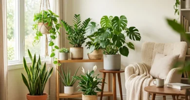 A beautiful collection of indoor plants including Snake Plant, Aloe Vera, and Monstera in a bright living room.