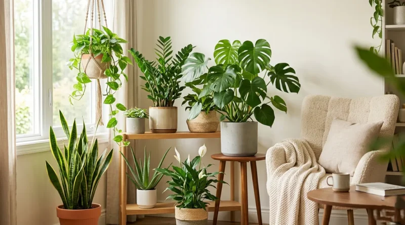 A beautiful collection of indoor plants including Snake Plant, Aloe Vera, and Monstera in a bright living room.