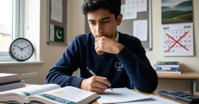 A student studying with a calendar showing May 15 crossed out, representing the postponed A-Level Maths paper in Pakistan.