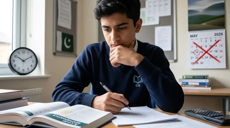 A student studying with a calendar showing May 15 crossed out, representing the postponed A-Level Maths paper in Pakistan.