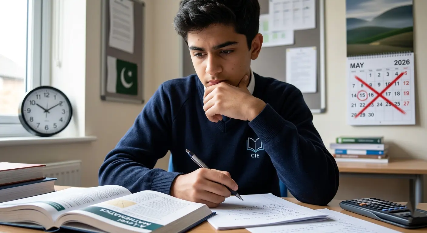 A student studying with a calendar showing May 15 crossed out, representing the postponed A-Level Maths paper in Pakistan.