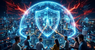 A digital shield representing cyber security and data protection