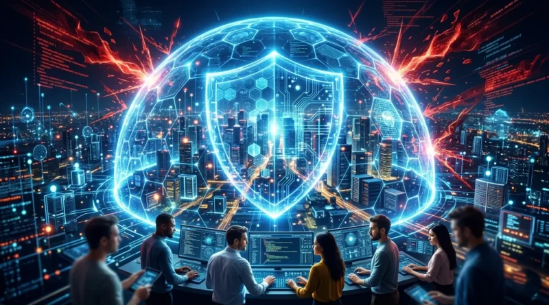 A digital shield representing cyber security and data protection