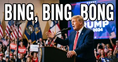 Donald Trump speaking at a rally with large Bing Bing Bong text overlay