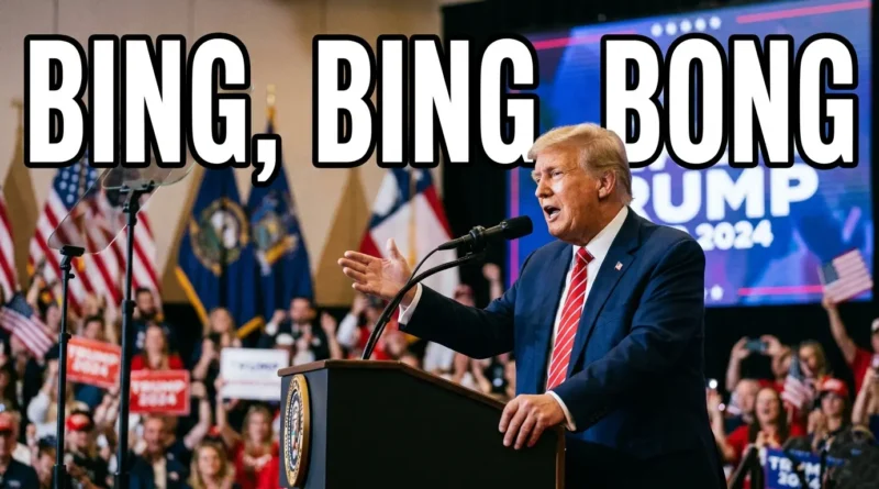 Donald Trump speaking at a rally with large Bing Bing Bong text overlay