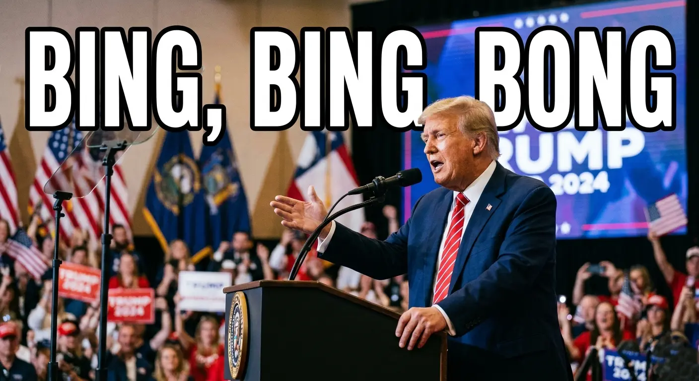 Donald Trump speaking at a rally with large Bing Bing Bong text overlay
