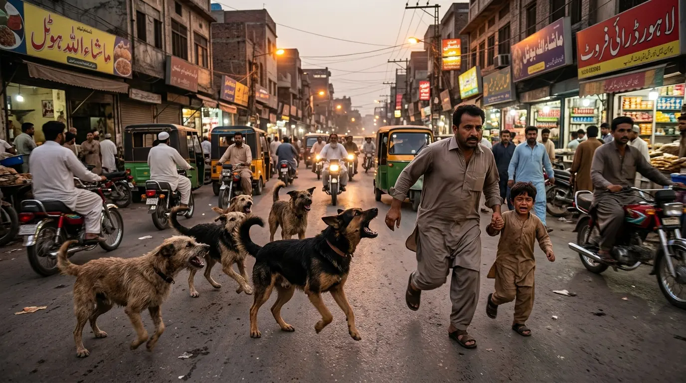 مریم نواز کی تصویر کے ساتھ سڑک پر کھڑا آوارہ کتا، لاہور میں آوارہ کتوں کے مسئلے کی نمائندگی کرتا ہوا منظر