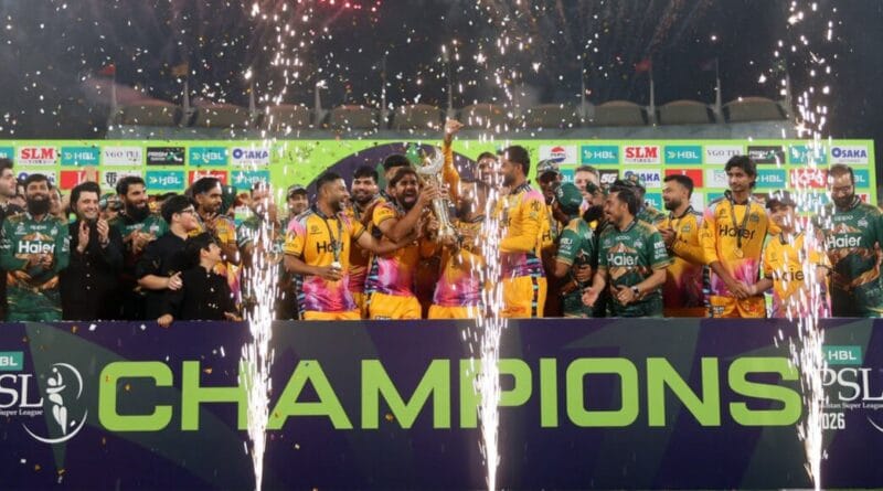 Peshawar Zalmi PSL winning moments and Babar Azam leading the team in yellow jersey.