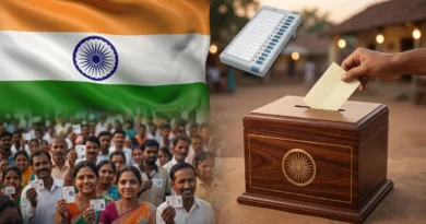 A professional and clean image showing the Indian national flag, a wooden ballot box, and voters representing the 2026 state election results.