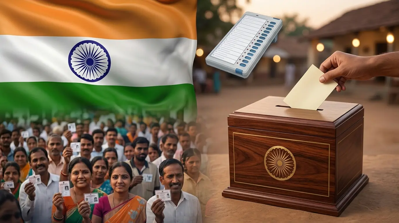 A professional and clean image showing the Indian national flag, a wooden ballot box, and voters representing the 2026 state election results.