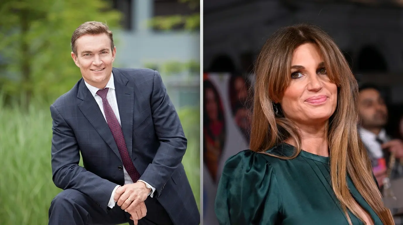 Jemima Goldsmith and her fiancé Cameron O'Reilly in a side-by-side professional portrait.