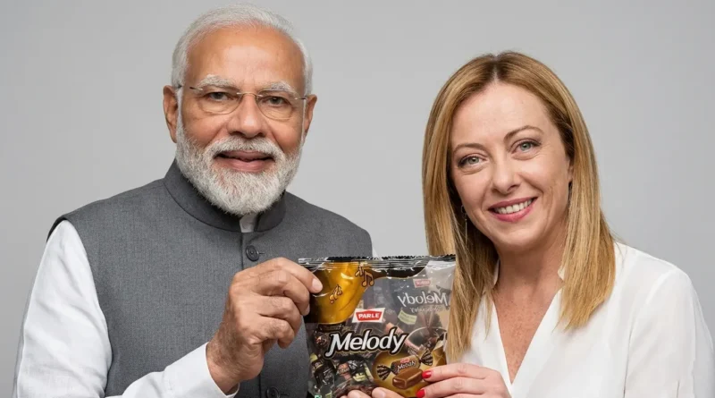 Indian PM Narendra Modi and Italian PM Giorgia Meloni holding a packet of Parle Melody toffee during a meeting