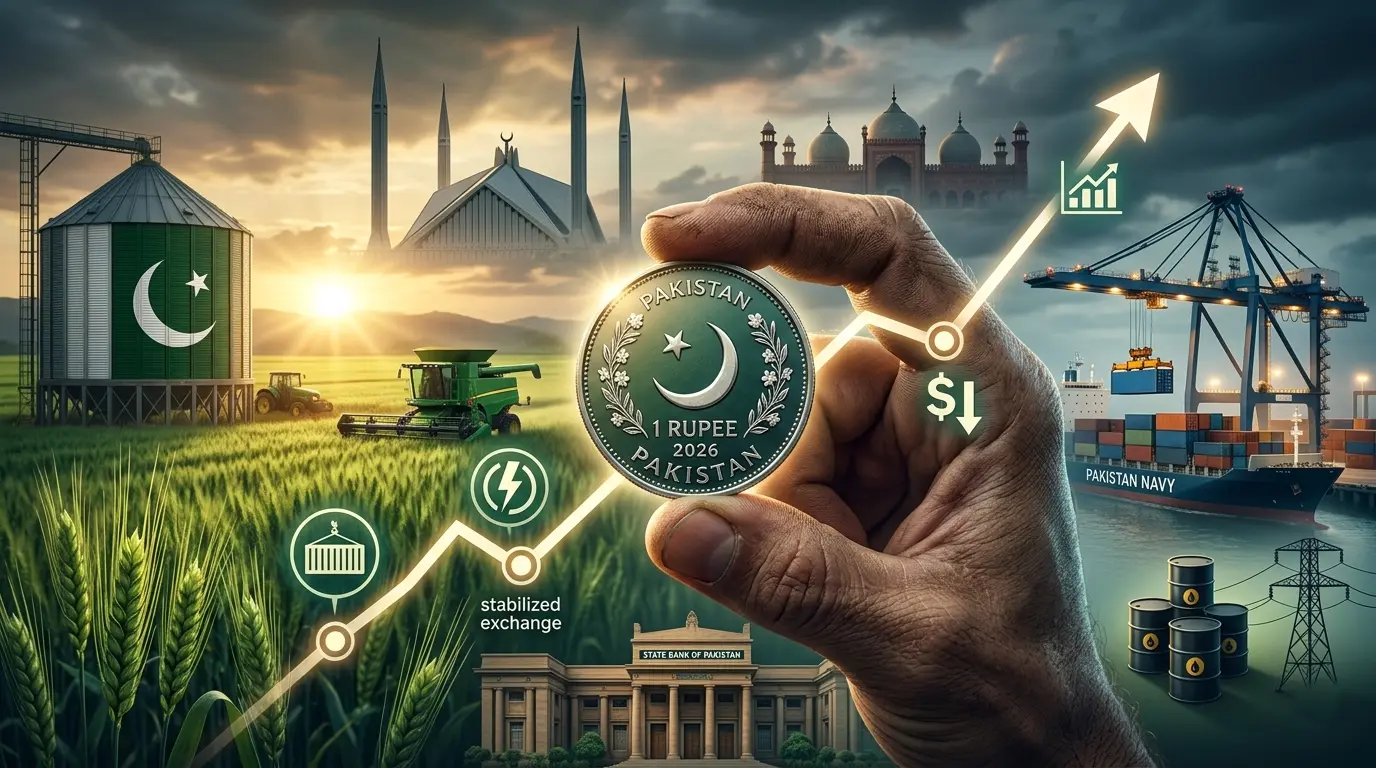 A professional conceptual image representing Pakistan's economy in 2026, showing agriculture, industry, and a rising financial graph.