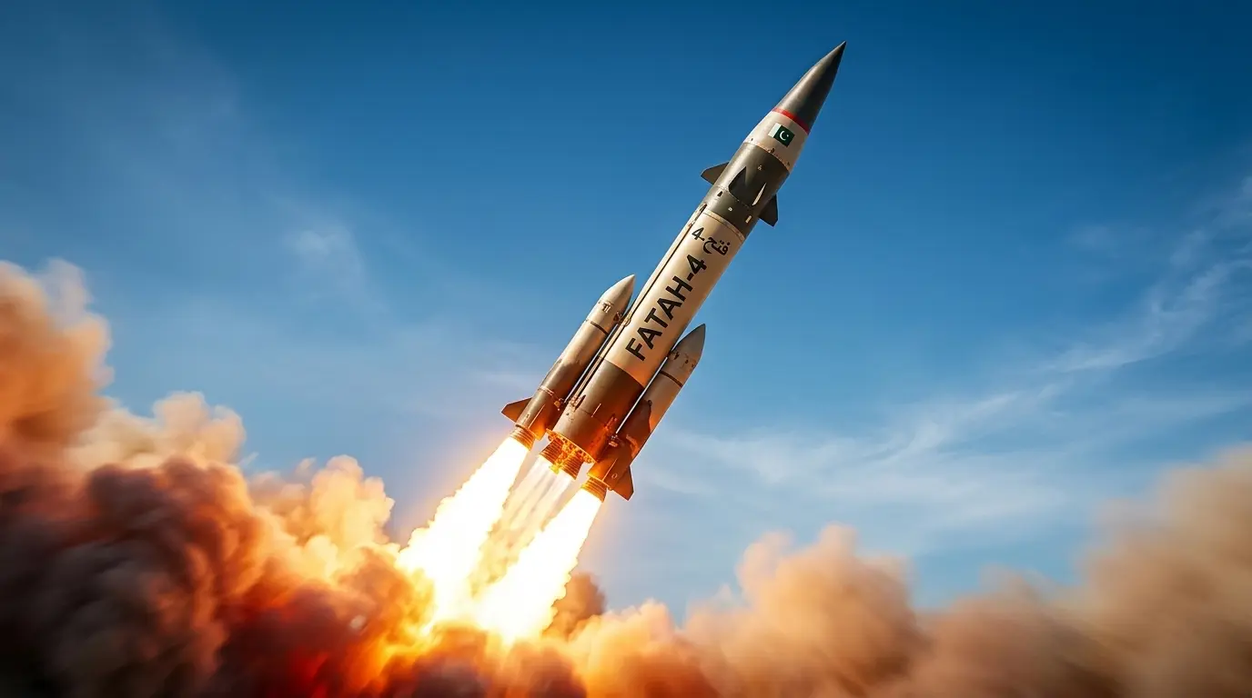 Pakistan Army Fatah-4 ground launched cruise missile soaring into the sky during a successful training launch