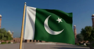 A high-quality image of the Pakistani flag waving gracefully in front of a historic background.