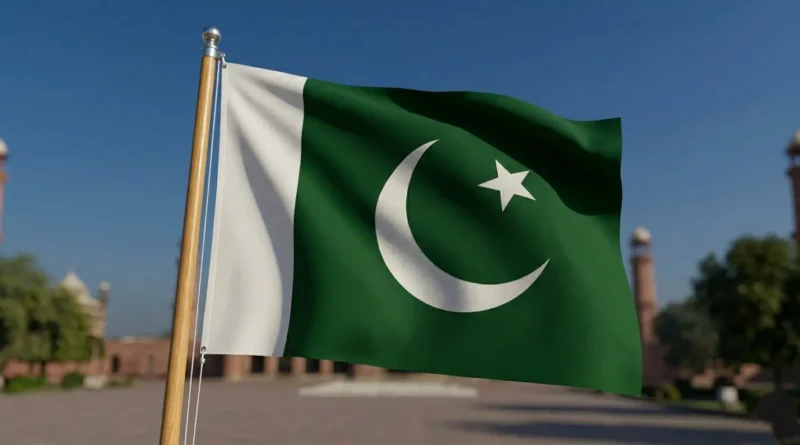 A high-quality image of the Pakistani flag waving gracefully in front of a historic background.