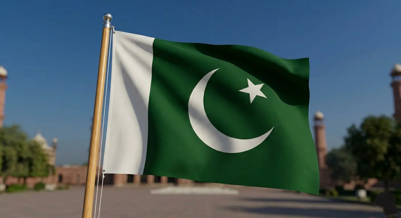 A high-quality image of the Pakistani flag waving gracefully in front of a historic background.