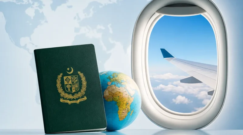 A green Pakistani passport placed next to a miniature globe and a toy airplane on a clean wooden surface, representing international travel.