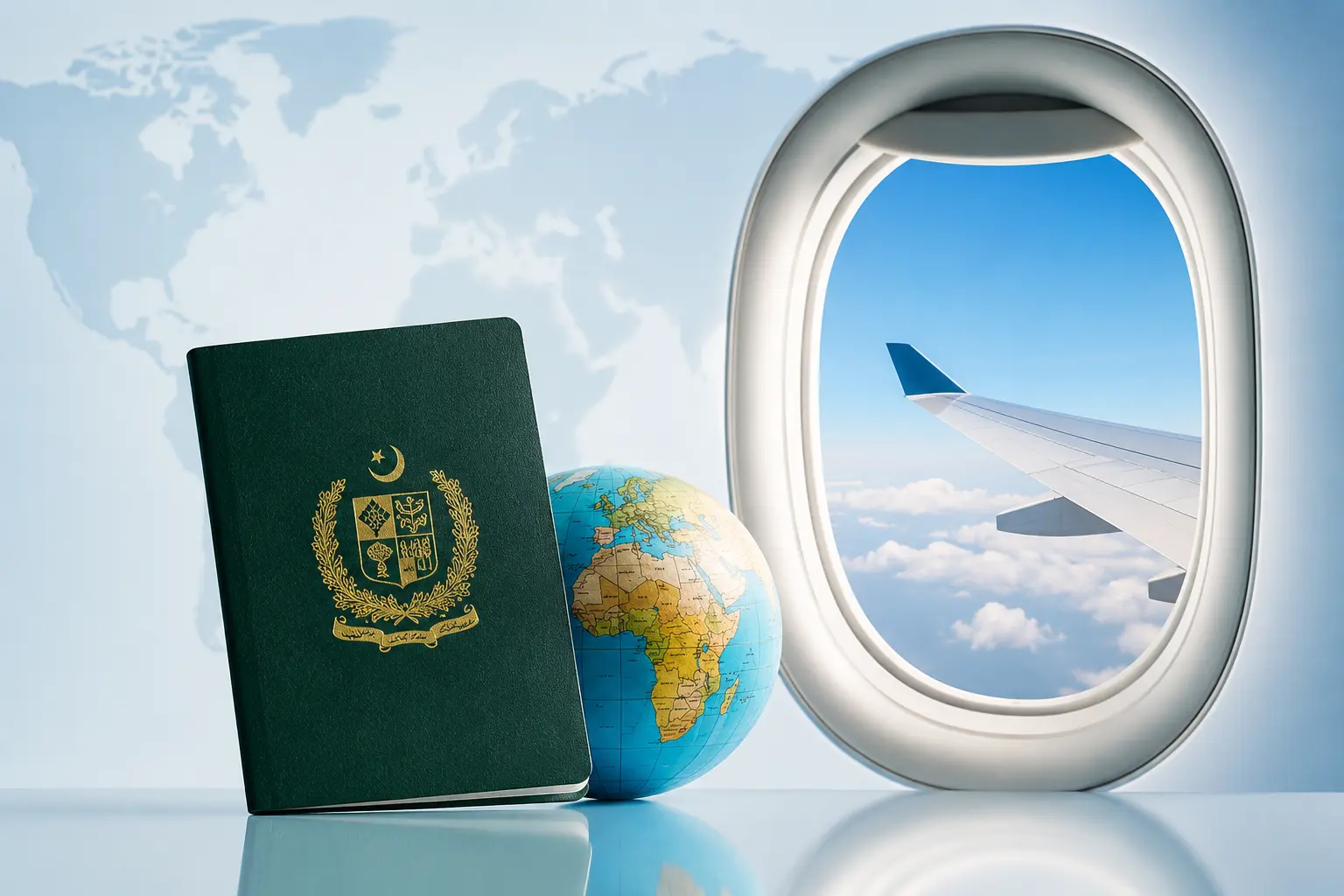 A green Pakistani passport placed next to a miniature globe and a toy airplane on a clean wooden surface, representing international travel.