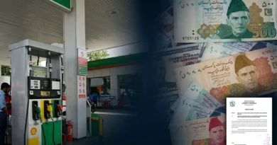 A collage showing a petrol pump station on the left and Pakistani currency notes (Rupee) with an official notification document on the right, representing fuel price changes in Pakistan.
