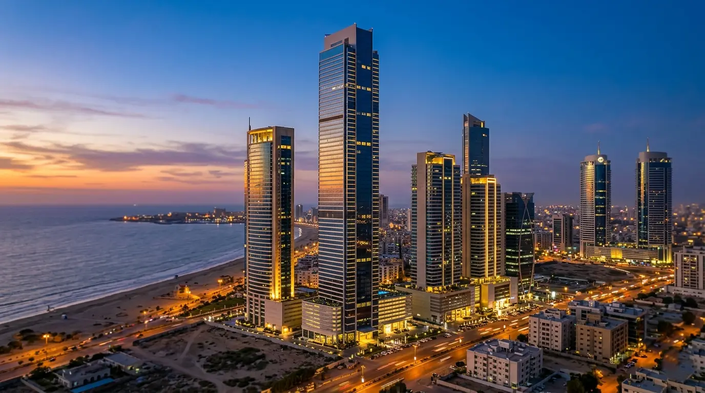 Modern skyscrapers and tall buildings along the coast in Karachi Pakistan at sunset