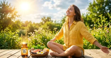 A woman enjoying sunlight with Vitamin D rich foods and supplements on a wooden table, representing health and wellness.