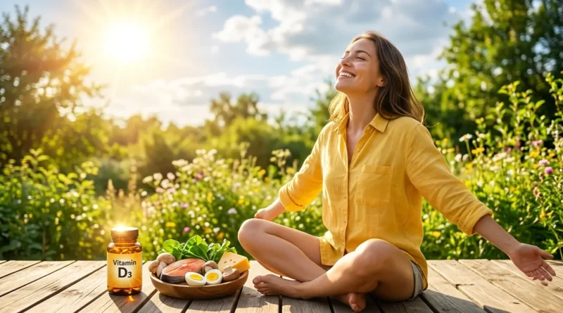 A woman enjoying sunlight with Vitamin D rich foods and supplements on a wooden table, representing health and wellness.