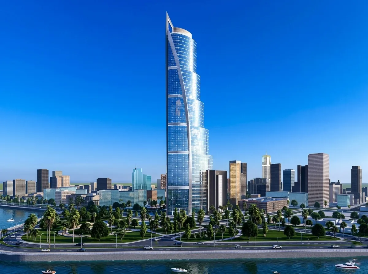 High-definition architectural rendering of Burj-e-Qaid skyscraper in DHA Karachi featuring a twisting futuristic design overlooking the coastline and city skyline