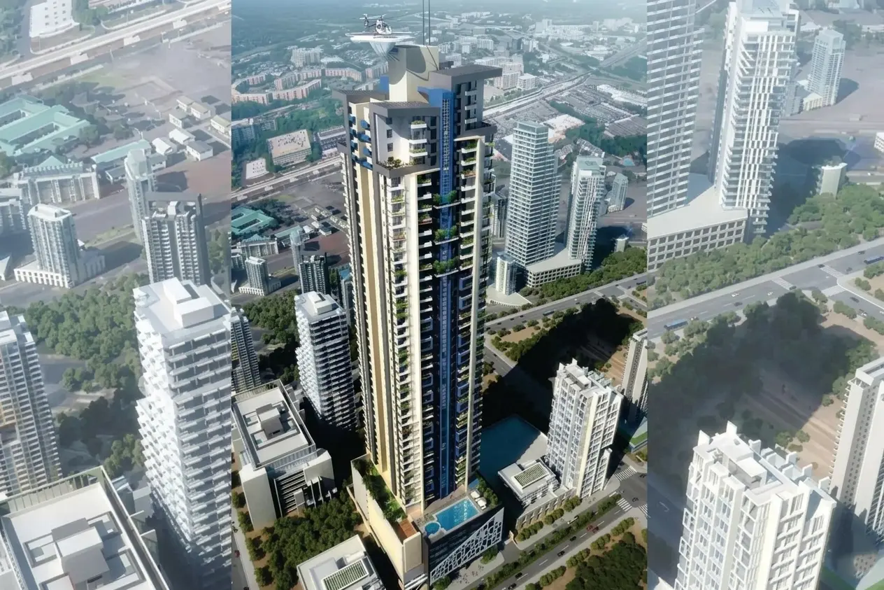 High-resolution aerial render of Chapal Skymark residential tower in Karachi featuring a central blue glass facade and top helicopter pad