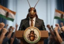 An AI-generated conceptual image representing the Cockroach Janta Party movement in India with a formal suit-clad figure and political supporters.