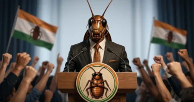 An AI-generated conceptual image representing the Cockroach Janta Party movement in India with a formal suit-clad figure and political supporters.