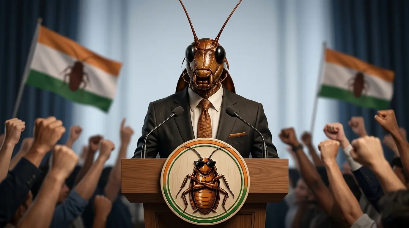 An AI-generated conceptual image representing the Cockroach Janta Party movement in India with a formal suit-clad figure and political supporters.