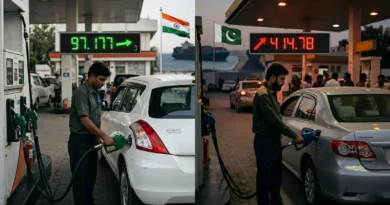 Comparison of petrol pump scenes in India and Pakistan with respective fuel prices and national flags