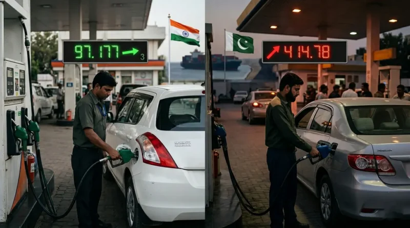 Comparison of petrol pump scenes in India and Pakistan with respective fuel prices and national flags