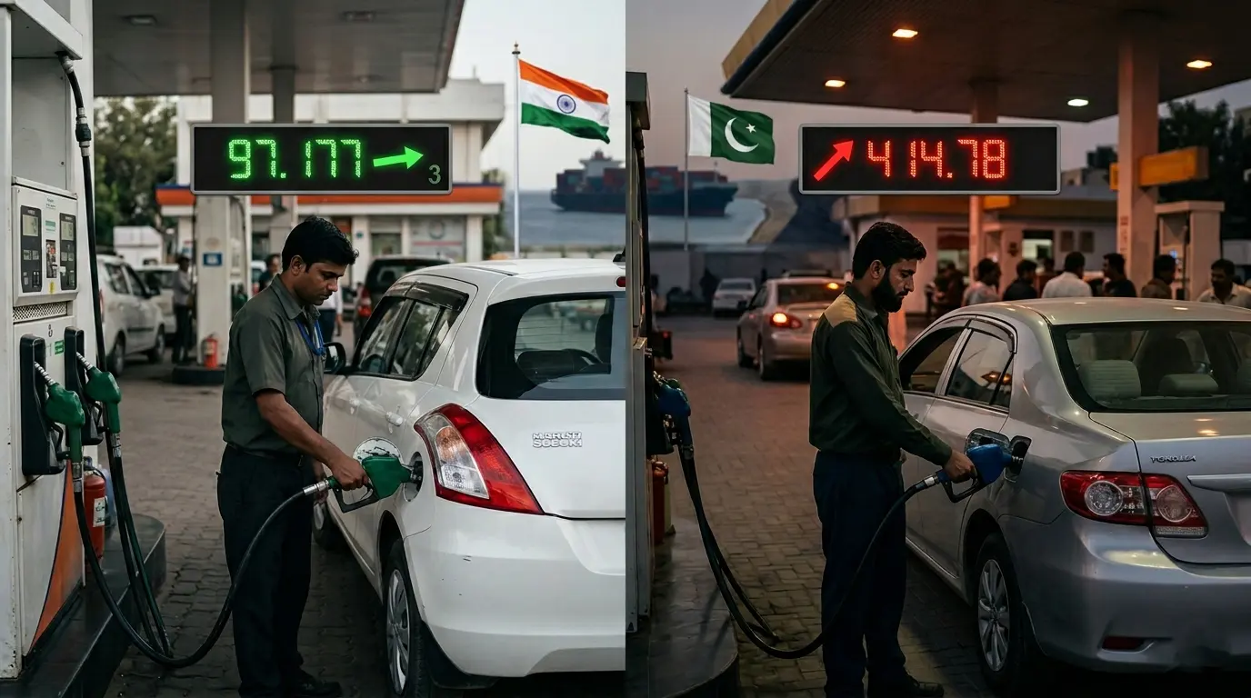 Comparison of petrol pump scenes in India and Pakistan with respective fuel prices and national flags