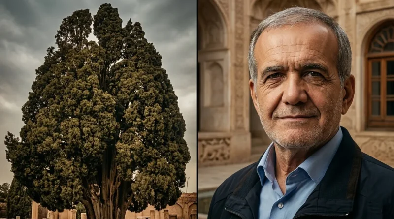 A side-by-side thumbnail showing Iranian President Masoud Pezeshkian and the 4500-year-old ancient Cypress tree of Abarkuh under a dramatic sky.
