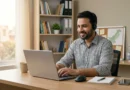 A professional Pakistani man working on a laptop with a headset in a clean home office setup representing low investment digital business ideas