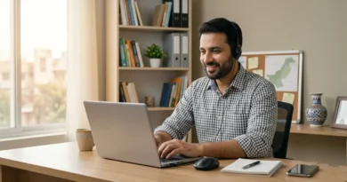 A professional Pakistani man working on a laptop with a headset in a clean home office setup representing low investment digital business ideas