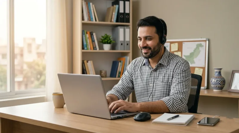 A professional Pakistani man working on a laptop with a headset in a clean home office setup representing low investment digital business ideas