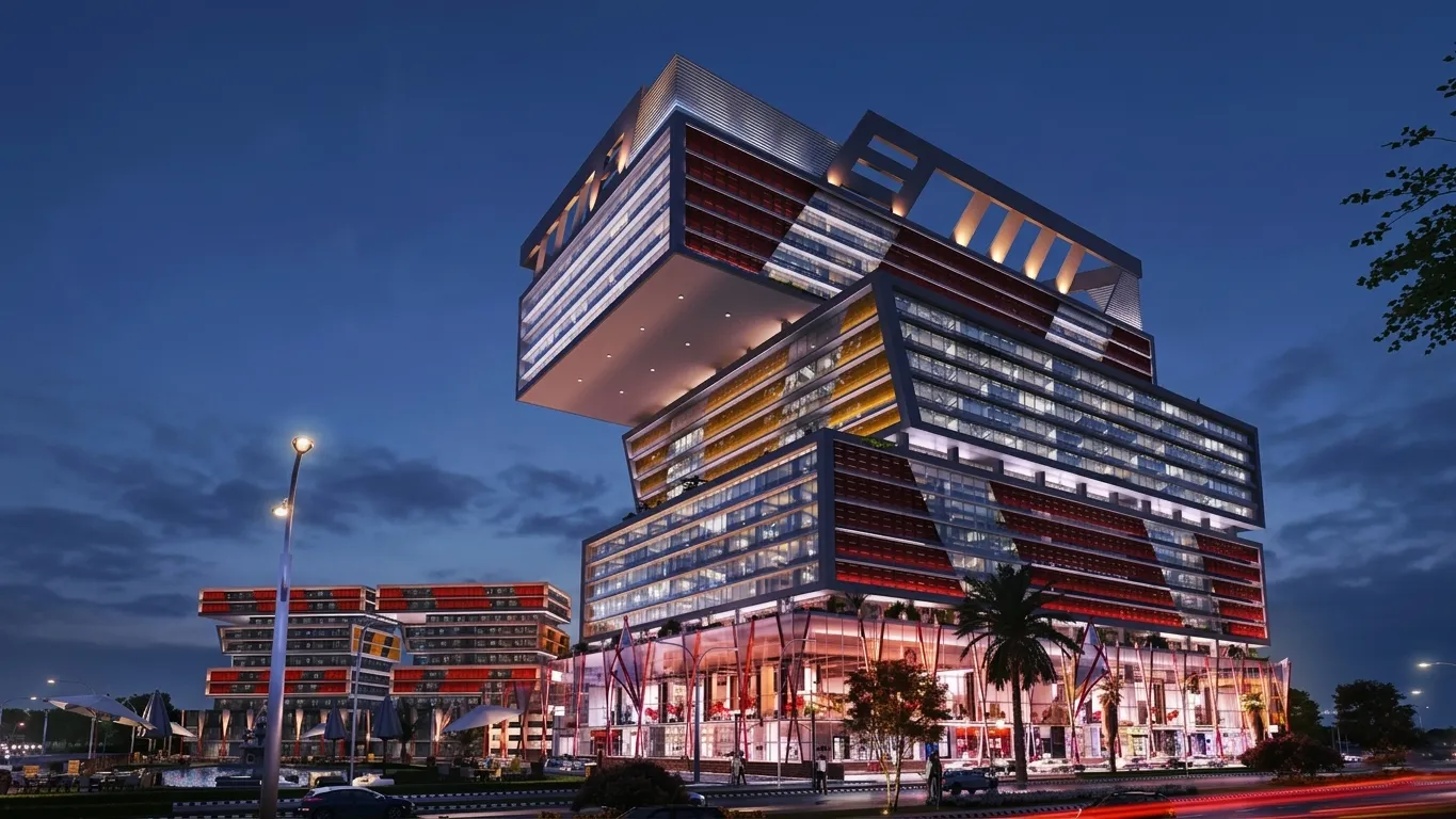 Futuristic architectural rendering of a modern skyscraper at night with stacked cubic design and bright street lighting