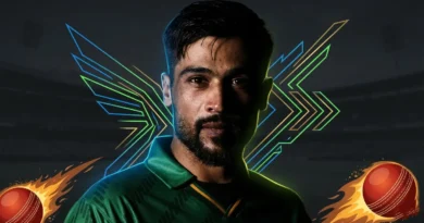 Mohammad Amir cricket player portrait with dynamic background elements