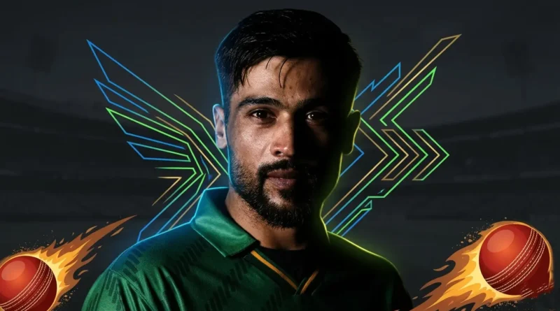 Mohammad Amir cricket player portrait with dynamic background elements
